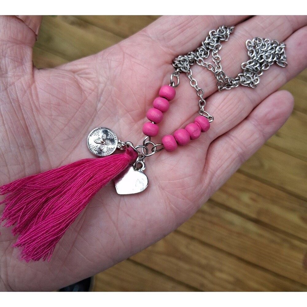 12" Long Silver Toned Chain w/Pink Fringed Tassel & Heart Flower Charms Necklace